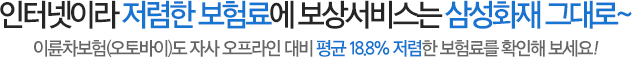 인터넷이라 저렴한 보험료에 보상서비스는 삼성화재 그대로~ 이륜차보험(오토바이)도 자사 오프라인 대비 평균 18.8% 저렴한 보험료를 확인해 보세요!